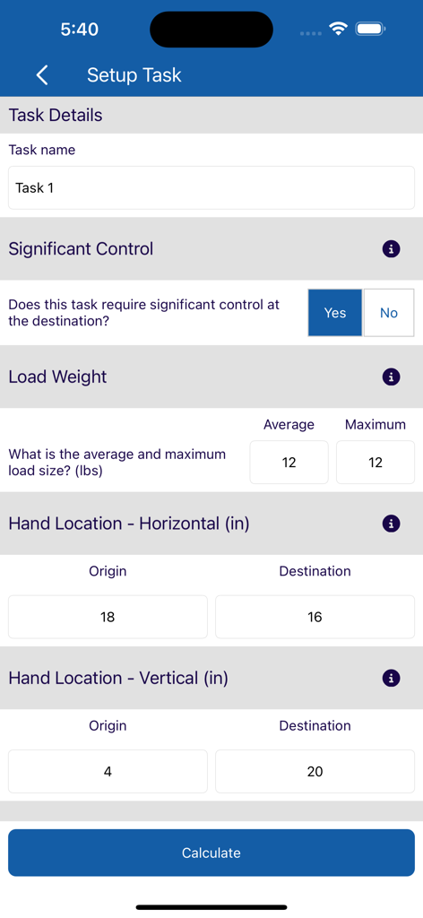NLE Calc setup task interface showing ergonomic lifting data input fields