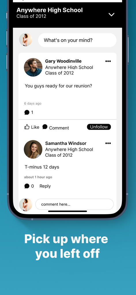 Classmates™ Mobile App - Social feed of the Classmates app showing former high school students discussing an upcoming reunion