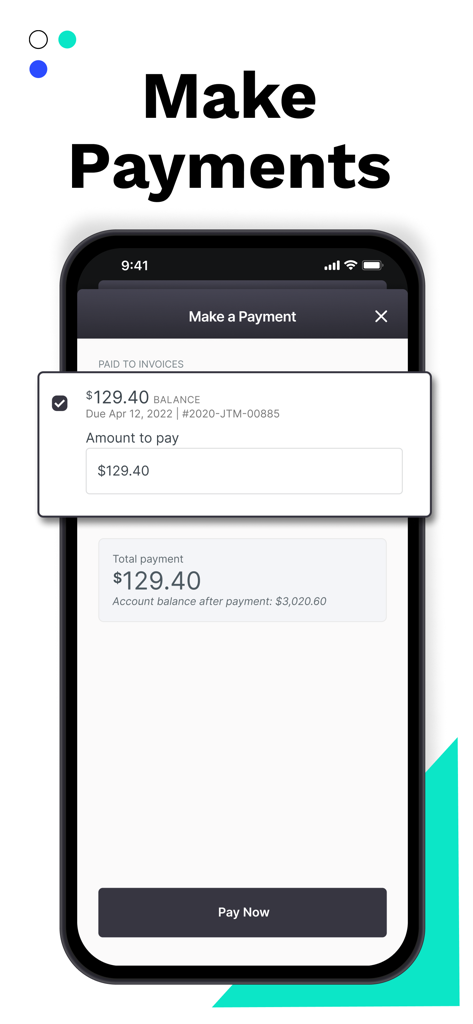Interfaccia mobile dell'app Canopy Client Portal che mostra una schermata di pagamento fattura con un pulsante Paga ora