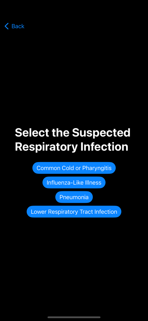 Infection Checker - Infection Checker app screen showing options to select a suspected respiratory infection including pneumonia and influenza-like illness.