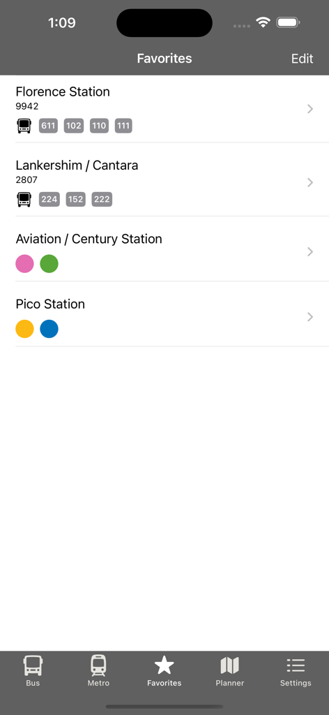 Favorites screen of the LA Metro and Bus app showing a list of saved bus stops and rail stations