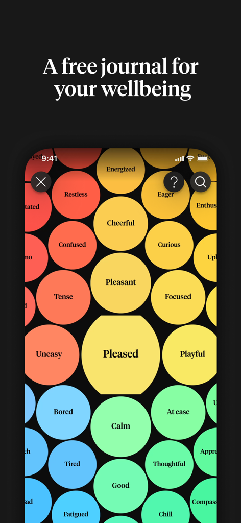 How We Feel - A mobile app interface displaying various emotion words inside colorful circular bubbles used for mood tracking