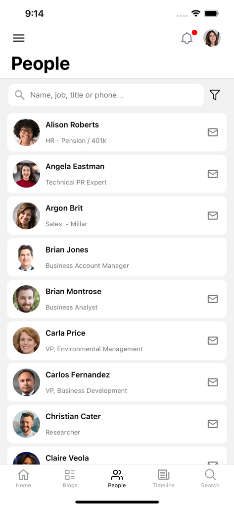 my intranet by Interact - Employee directory screen in the Interact mobile app showing a searchable list of colleagues with names and job titles