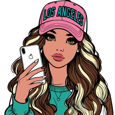 realistic beautiful girl wearing los ángeles cap holding an iphone