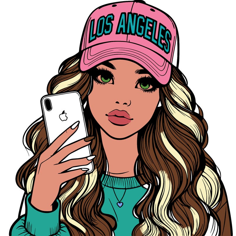 realistic beautiful girl wearing los ángeles cap holding an iphone