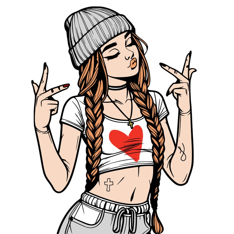 realistic teenage girl with braids and a beanie and crop top doing 🫶🏼