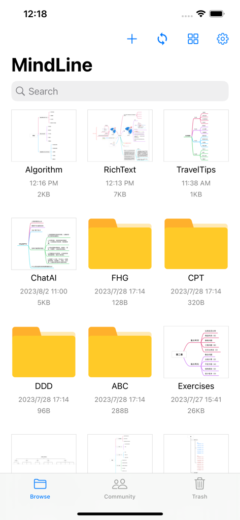 MindLine app file browser interface showing a collection of saved mind maps and organizational folders.