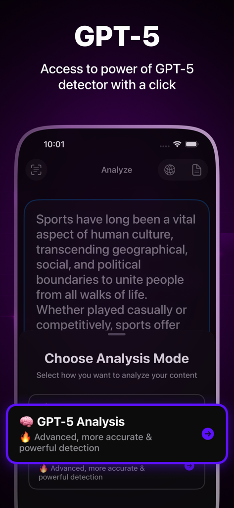 AI Detector - Analyzer - Interface de l'application AI Detector montrant l'écran de sélection du mode d'analyse GPT-5.