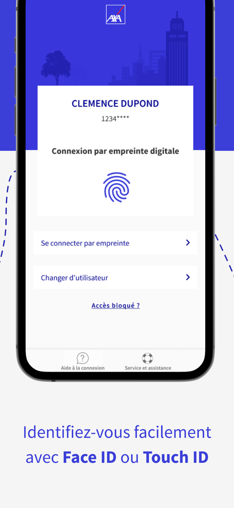 AXA Banque - Écran de connexion de l'application AXA Banque avec authentification biométrique Face ID et Touch ID