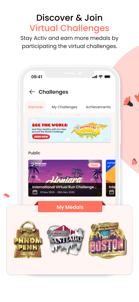 BookDoc app screen showing virtual fitness challenges and earned medals for Boston Santiago and Phnom Penh