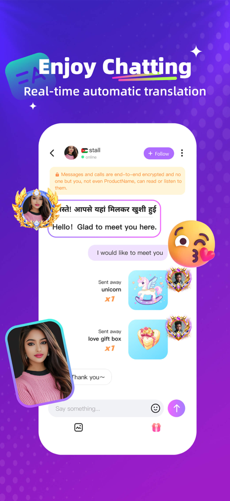 Crush Live - Crush Live app interface showing chat with real-time automatic translation and virtual gifts like unicorns.