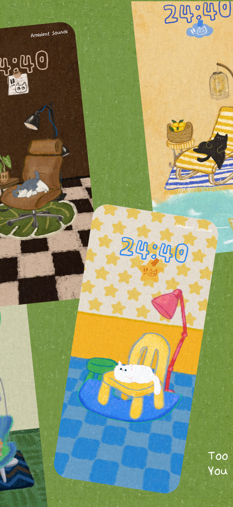 Cat On Chair: ADHD Focus - A collection of cozy hand-drawn mobile wallpapers from the Cat On Chair app featuring cats and focus timers