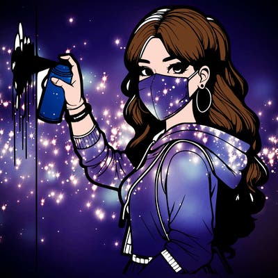 realistic girl with mask spray painting a wall