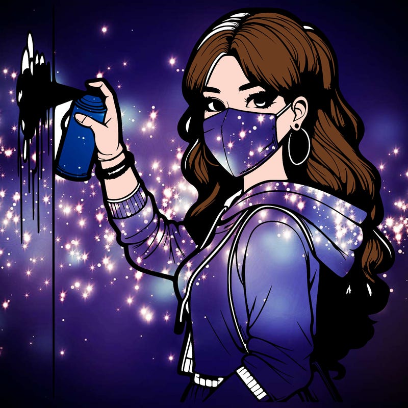 realistic girl with mask spray painting a wall