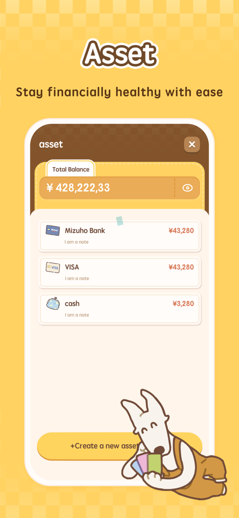 MoneyUP - Money Tracker App - MoneyUP app screenshot showing the asset management interface with total balance and account list including bank, visa and cash accounts alongside a cute dog mascot