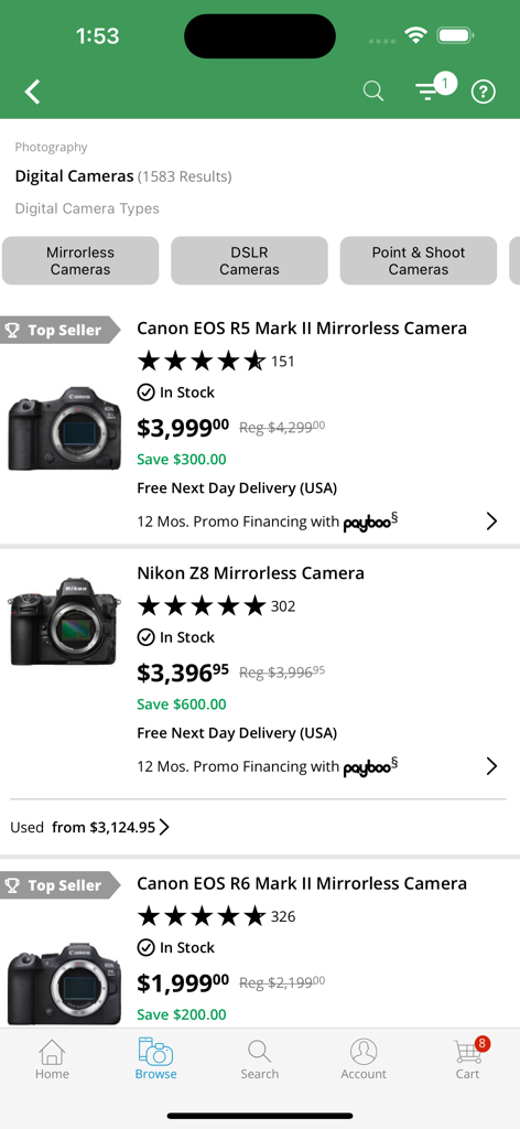Product listing of professional mirrorless cameras on the B&H Photo Video app