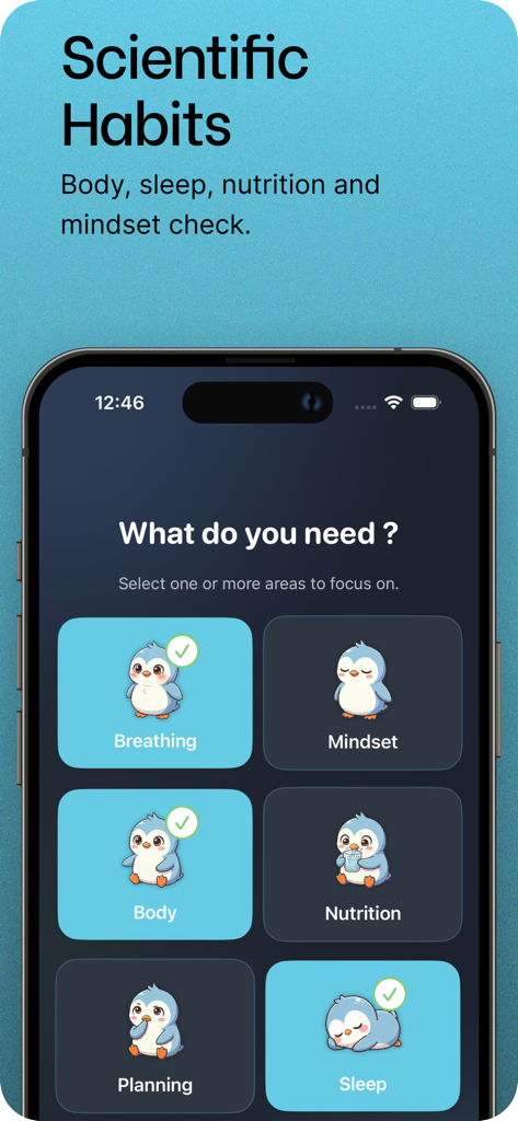 Pingo app interface showing scientific habit categories like breathing and sleep with a cute penguin mascot