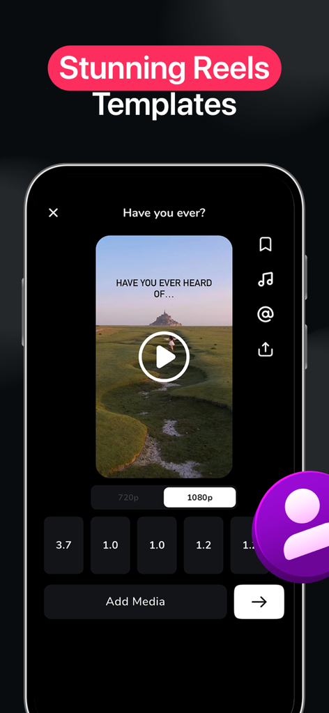 Reelsy Reel Maker IG Templates - Smartphone screen showing the Reelsy app interface with a professional video reel template and editing options.