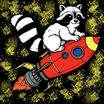 realistic raccoon flying on top rocket ship