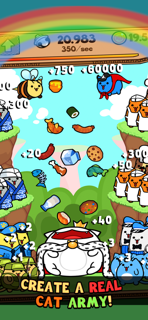 Kitty Cat Clicker - Uno screenshot di Kitty Cat Clicker che mostra una grande Regina Gatto servita da un esercito di personaggi felini specializzati con oggetti di cibo che cadono.