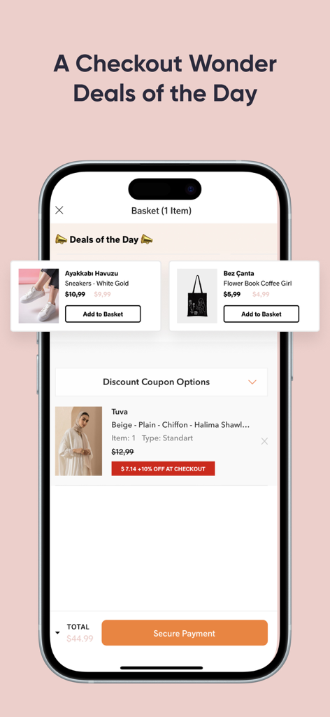 Schermata di checkout dell'app mobile Modanisa che mostra un carrello della spesa con uno scialle modesto e le offerte del giorno
