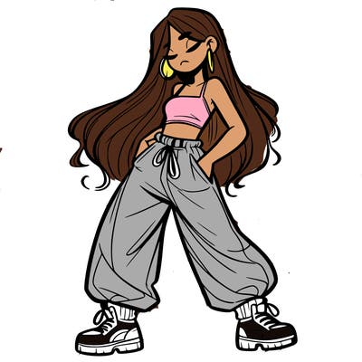 girl in baggy pants crop top and long hair