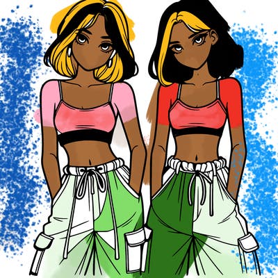 two girls with crop top with baggy pants