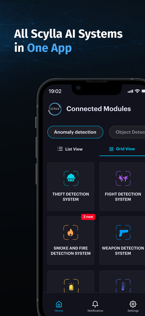 Scylla AI - Scylla AI mobile app dashboard showing connected security modules including theft, fight, and weapon detection systems.