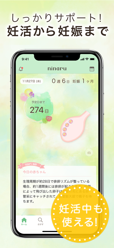 Home screen of the ninaru pregnancy tracking app showing a due date countdown and daily baby growth information in Japanese