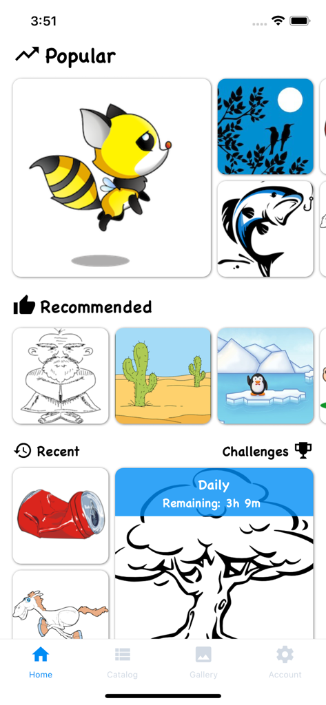 Écran d'accueil de l'application Projecteur et boîte à lumière de traçage montrant des modèles de dessin populaires et recommandés, y compris des animaux et des paysages