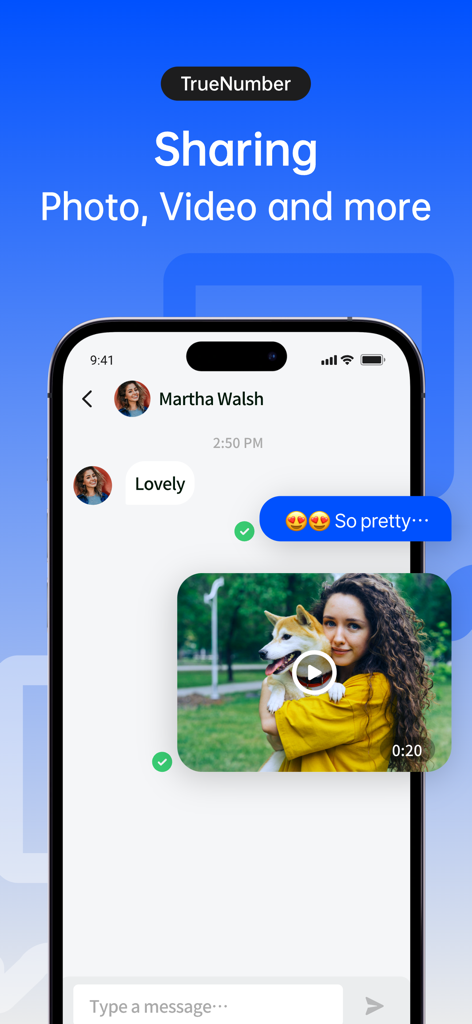 TrueNumber:Second Phone Number - TrueNumber app interface showing photo and video sharing in a secure chat