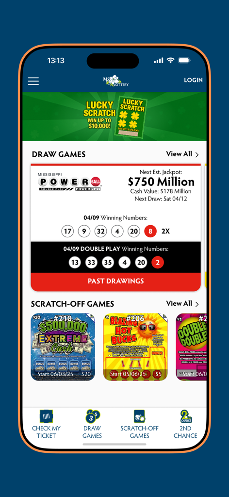 Mississippi Lottery Official - 파워볼 잭팟 결과 및 스크래치 복권 게임을 표시하는 미시시피 복권 앱 홈 화면