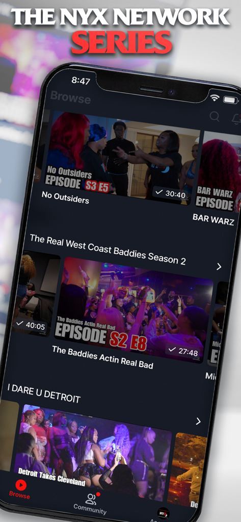 The Nyx Network - Smartphone screen displaying The Nyx Network app browse interface with various reality series thumbnails