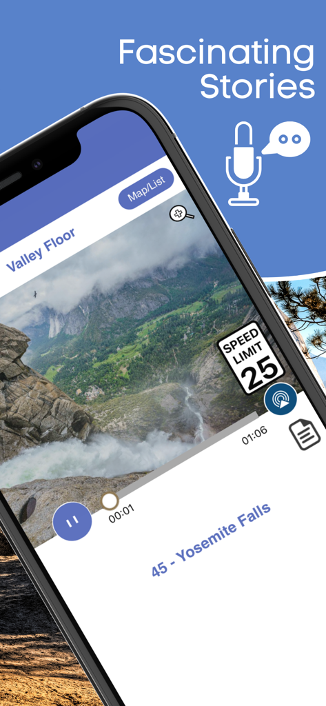 Yosemite National Park Tour - Audio tour interface of Yosemite National Park app featuring Yosemite Falls
