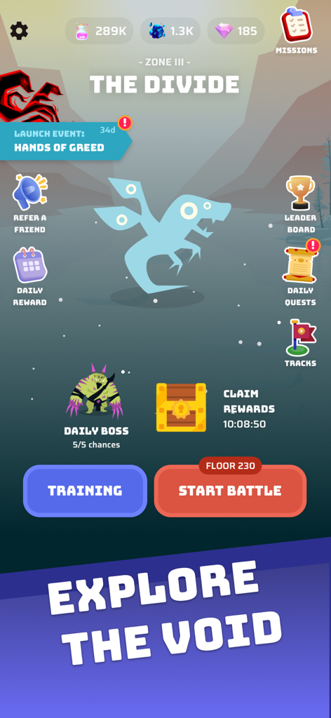 Hauptoberfläche von Voidpet Dungeon, die eine blaue Kreatur in der Zone The Divide mit Schaltflächen zum Starten von Schlachten und Training zeigt