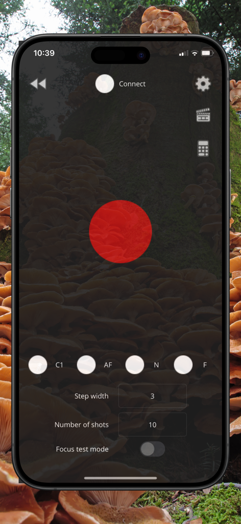 Alpha Focus Bracketing - Alpha Focus Bracketing app interface on a smartphone displaying remote camera focus settings