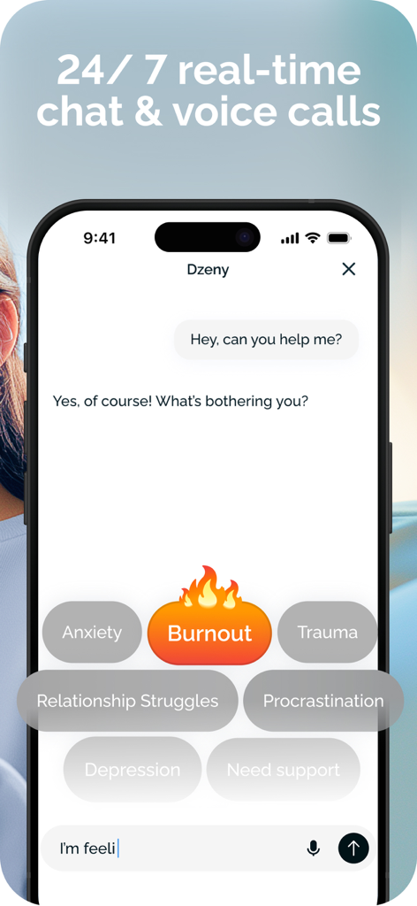 Dzeny AI mental health app interface showing real time chat support for burnout and anxiety