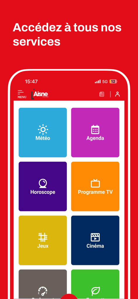 Menu servizi dell'app L'Aisne Nouvelle che mostra icone colorate per meteo, oroscopo e programmi TV
