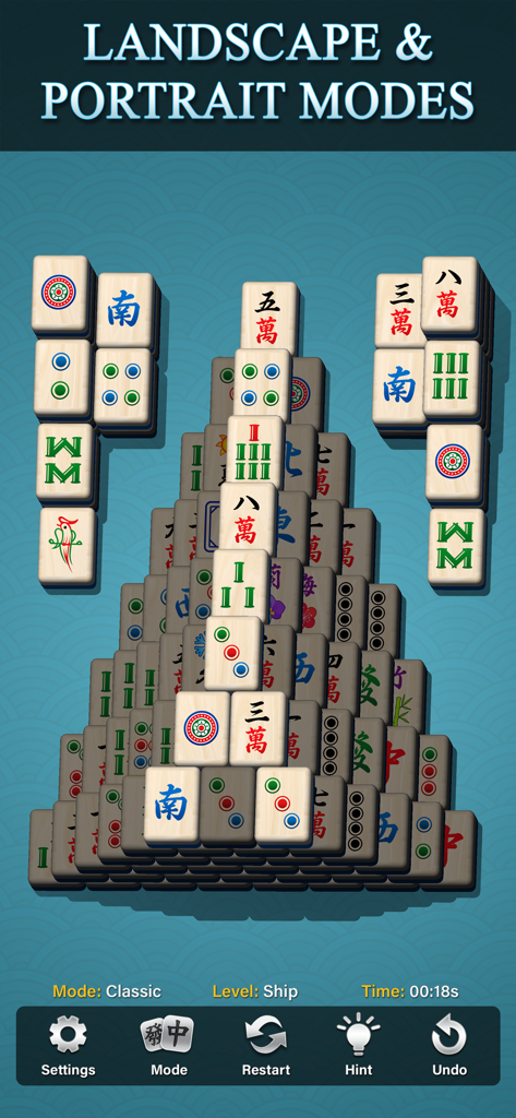 Jugabilidad del solitario Mahjong clásico en modo vertical que muestra fichas grandes en formación de barco