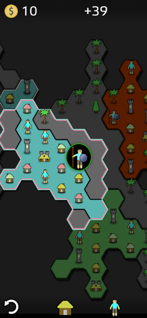Antiyoy minimalist strategy gameplay on a hexagonal map with colored territories and simple units