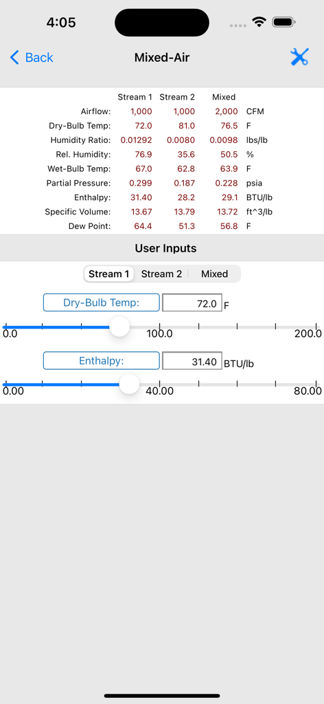 HVAC Psychrometric Plus - Pantalla de cálculo de aire mezclado en HVAC Psychrometric Plus mostrando datos de flujo de aire y controles deslizantes de entrada
