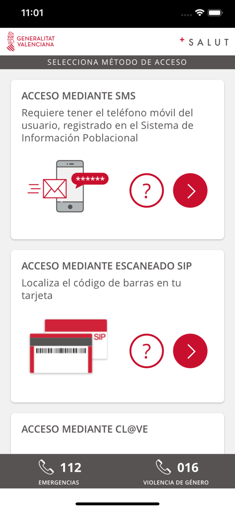 Mobile interface of GVA plus Salut app displaying access options including SMS and SIP card scan