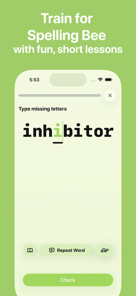 Spelling Bee - Beezy - Spelling Bee Beezy app interface featuring a missing letter exercise for spelling practice.
