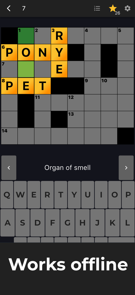Una cuadrícula de crucigrama en modo oscuro con una pista y un banner que indica que funciona sin conexión.