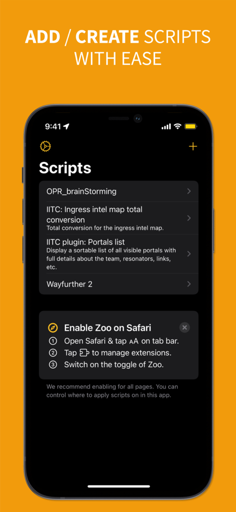 Cown Zoo app showing a list of user scripts and steps to enable the Safari extension on iPhone.