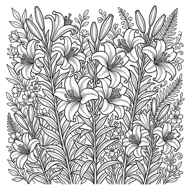 Welcome the freshness of Spring with this exquisite Madonna Lilies coloring page. This detailed design captures the timeless beauty of these fragrant flowers, inviting you to add your personal touch to a garden of renewal.