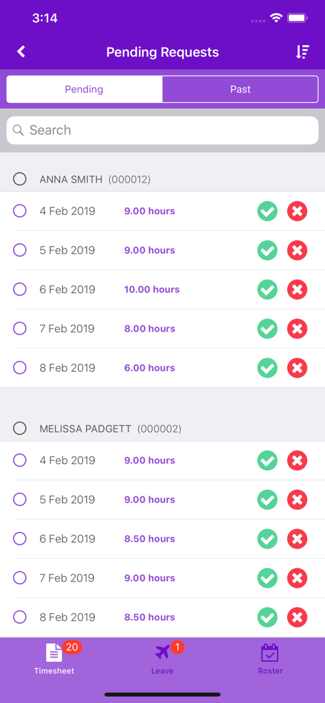 Access Definitiv - Mobile interface of Access Definitiv showing a list of pending employee timesheet requests for manager approval