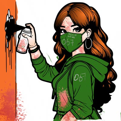 realistic girl with mask spray painting a wall