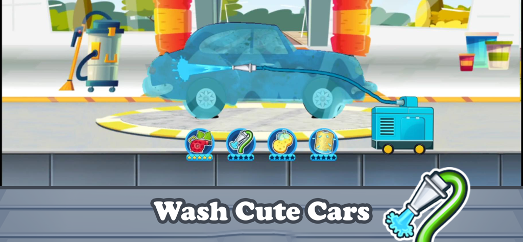 Car Wash Games: Little Carwash - Um carro azul de desenho animado sendo enxaguado com uma mangueira de água no jogo para celular Little Carwash