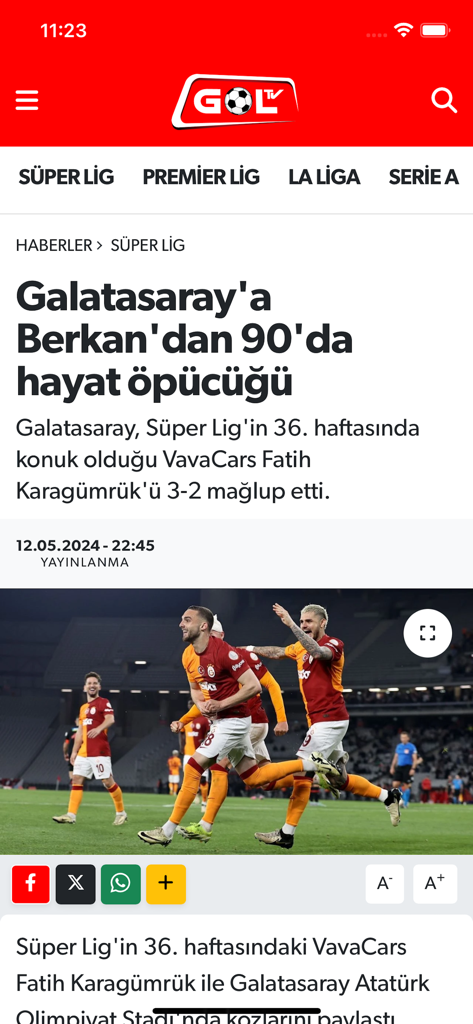 Gol TV - ガラタサライのサッカーの試合に関するトルコ語のニュース記事を表示するGol TVモバイルアプリのインターフェース